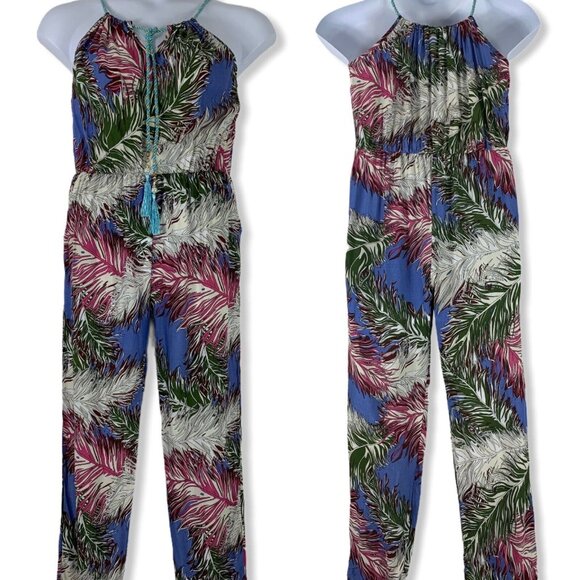 Size Small Jumpsuit Floral Foliage Sleeveless Blue Pink Adjustable Ananxianzi - Picture 1 of 7